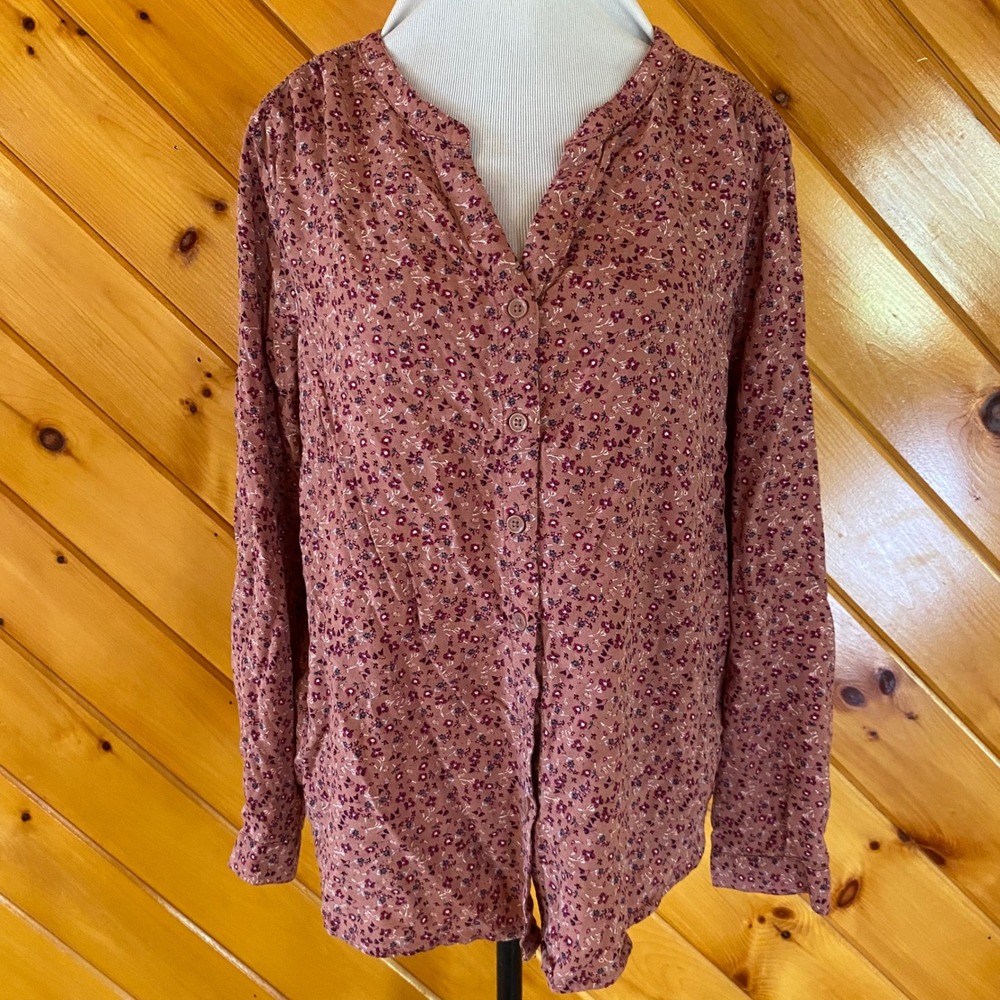 Beachlunchlounge Mauve Pink Floral Smocked Back Button Down Blouse Womens Large